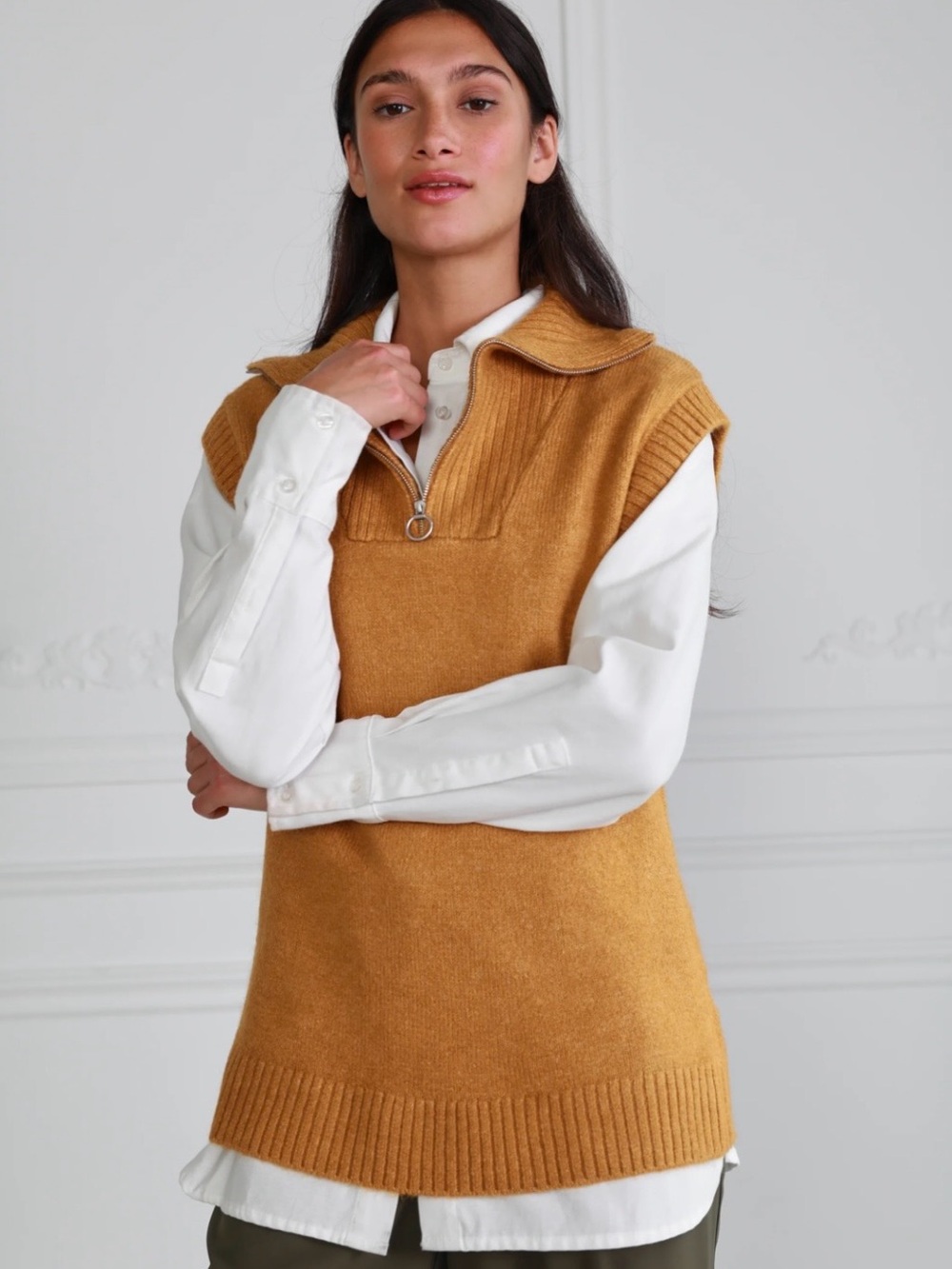 Womance Sleeveless Half-Zip Knit Vest in Mustard